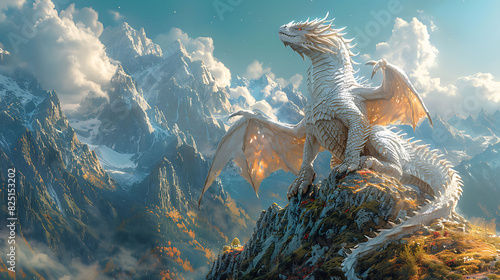 epic printable mural of a legendary dragon perched atop a mountain peak perfect for enhancing the walls of a themed adventure park's roller coaster queue setting the stage for thrilling rides