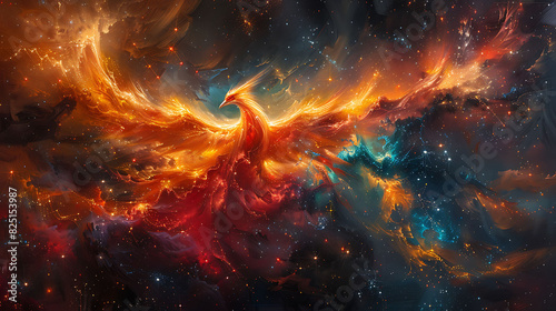 ethereal mural of a celestial phoenix rising from a sea of stars symbolizing hope and rebirth in the darkest of times