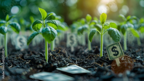 Seedlings sprouting in a plant nursery with dollar signs nearby, symbolizing financial growth, highresolution, vibrant and detailed, professional stock photo quality.