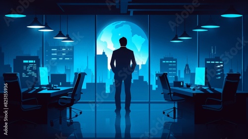 A business leader character in a 2D flat style illustration, making an executive decision in a boardroom setting, surrounded by minimalistic office elements to highlight corporate strategy.