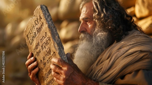 moses holding the ten commandments stone tablets biblical character illustration with blurred background