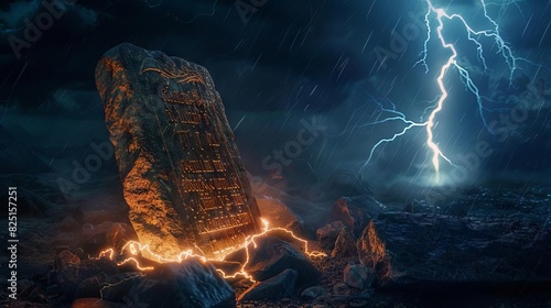 moses receiving the ten commandments on mount sinai ancient stone tablets illuminated by lightning copy space
