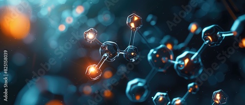 3D render of an organic chemistry reaction with carbon chains illuminated, visualizing molecular interaction close up, chemical processes, realistic, Composite, laboratory setting