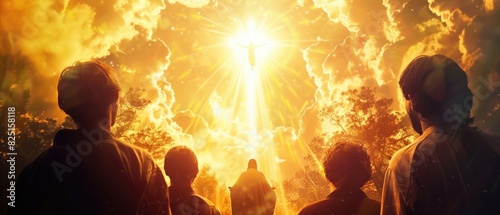 Ascension of Jesus, disciples gazing upward, divine moment close up, spiritual awe, ethereal, Double exposure, sunrise backlight