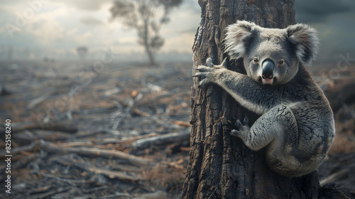 Photo realistic image of a koala clinging to a lone tree in a deforested area, symbolizing the impact of carbon emissions and habitat destruction High resolution concept with glo