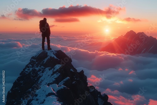"Conquering the Summit: A Triumph of Achievement as a Guy Stands Atop the Mountain at Sunset