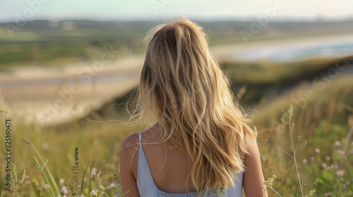 Young blonde girl with her back turned looking at the landscape with beach in the background.