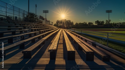 The outfield of a baseball stadium with the scoreboard turned off, the empty bleachers casting long shadows across the field at sunset.
