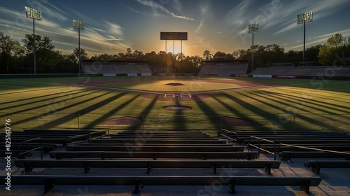 The outfield of a baseball stadium with the scoreboard turned off, the empty bleachers casting long shadows across the field at sunset.