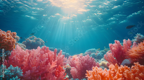 Photo realistic image of researchers studying coral reefs impacted by bleaching against glossy backdrop showcasing human efforts to support marine ecosystems affected by carbon pol