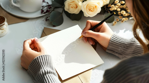 Woman writing a romantic letter or wedding invitation on elegant stationery with a fountain pen, surrounded by roses and a cup of tea on a sunny table.