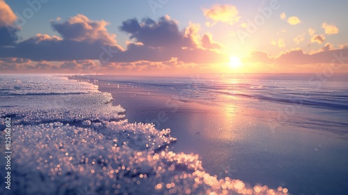 The sun rising behind a beach covered in frost, the cold sand and icy seawater sparkled under the warm colors of the early morning sun.