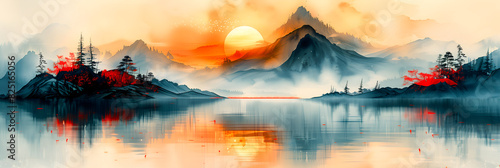 Peinture d'un paysage de montagnes autour d'un lac avec un soleil couchant