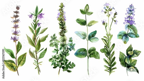 watercolor set of fragrant garden herbs botanic illustration collection
