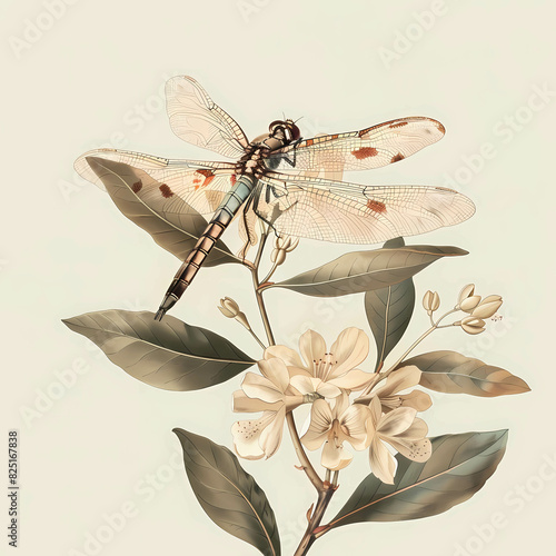 Dragonfly on yellow-white background, plant with white flowers. AI generated.