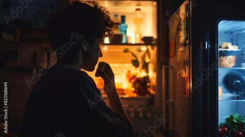 A person enjoying a midnight snack, illuminated by the light of the refrigerator