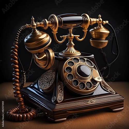 Altes Telefon in den Farben Schwarz und Gold auf einem Holztisch