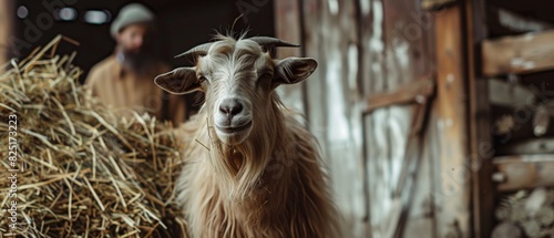 A goat standing in a barn looking at the camera with a man working in the background.