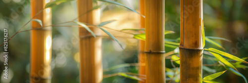 a row of brown bamboo trunks for landing. abstract background with mature bamboo and leaves in a blurred background with a beautiful bokeh, a close up of a bamboo backdrop
