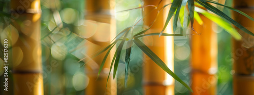 a row of brown bamboo trunks for landing. abstract background with mature bamboo and leaves in a blurred background with a beautiful bokeh, a close up of a bamboo backdrop