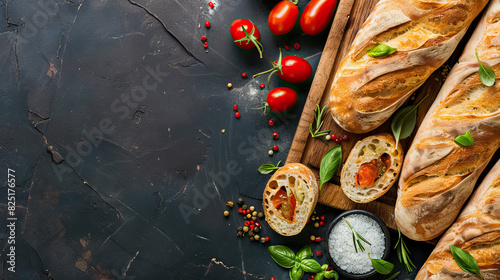 top view flat lay baguettes, tomatos, salt and herbs on dark background with copy space.