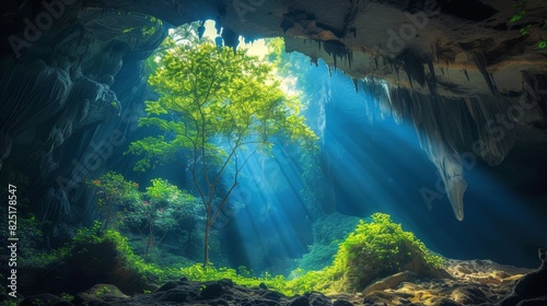 color photo of a captivating realm hidden beneath the earth's surface, a magical cave draped in vibrant colors and illuminated by a soft ethereal light,