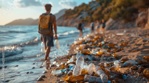 Illustrate a person participating in a beach cleanup, collecting plastic