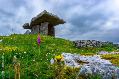 Poulnabrone dolmen in Burren geopark, Ireland, with dramatic cloud sky