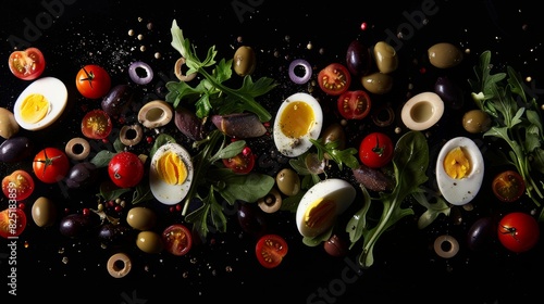 Colorful Nicoise Salad Ingredients for Advertising Banner - Olives, Anchovies, Cherry Tomatoes, Sliced Eggs on Black Background