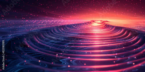 Futuristic Abstract Digital Waves with Glowing Red and Purple Light Particles
