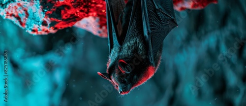 A gray and brown bat hangs upside down in a cave with blue and green lighting.