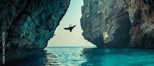 Bat hanging upside down in a cave Below is blue sea water. There is a light passing through. Makes the bats clearly visible --ar 7:3 Job ID: feeb72ca-a2d4-4241-b60e-052f4b0ab579