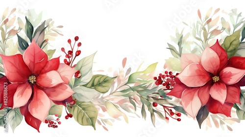 Watercolor Christmas floral border with poinsettia and greenery