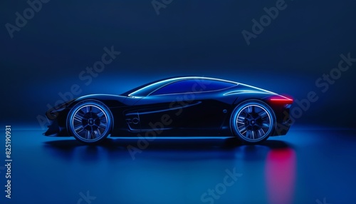 Sleek electric toy sports car on midnight blue background with copy space