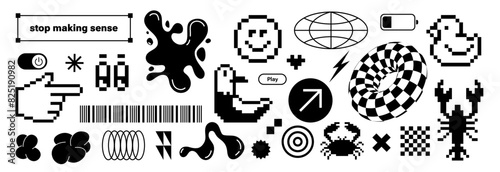 Trendy retro stickers Y2k. Flat pixelated design. Cool pop art elements. Retro elements. Black and funky typography. zine aesthetic. Vectored shapes, retro vibes. Seagull, duck, liquid form.