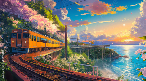 painting of a train on a track near a body of water