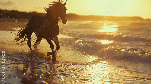 Serenity in Motion: Horse on Beach at Sunset