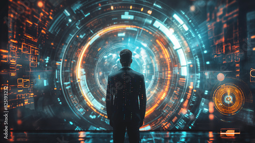 arafed image of a man standing in front of a futuristic tunnel