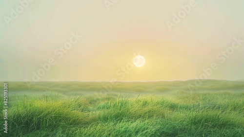 A beautiful green pasture with a large sun in the sky and a calm ocean. 