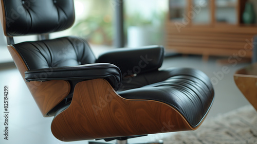 a close up of a black leather chair and ottoman in a living room