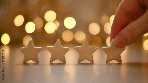 A hand is pointing at four stars on a table, The best excellent business services rating customer experience concept