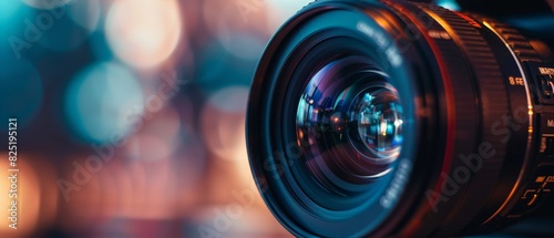 Close-up of a camera lens with a blurred background.