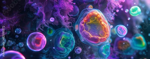 Vibrant algae cells swirling in a drop of water under UV light, creating a colorful and dynamic microscopic scene