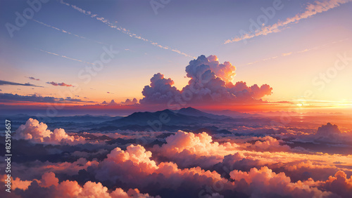 Anime wallpaper flying above the clouds at late afternoon