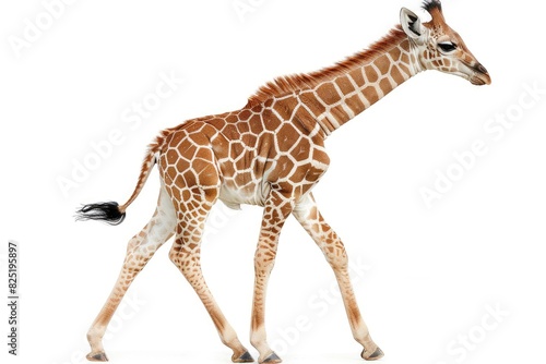 Adorable baby giraffe with long legs and neck isolated on white background