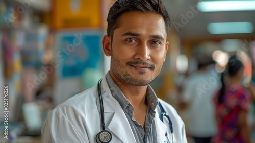 medical professional in hospital, an indian doctor diligently serves a varied patient population in a bustling hospital, surrounded by vibrant medical charts, urgency palpable in the atmosphere