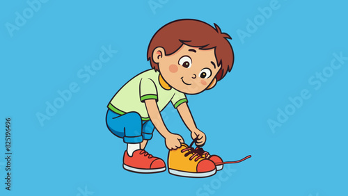 A child trying to tie their shoes for the first time their small fingers fumbling with the laces. The shoes are bright and brand new with long laces. Cartoon Vector.