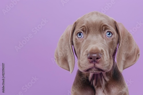 Cute Weimaraner puppy with a soft expression on a purple background