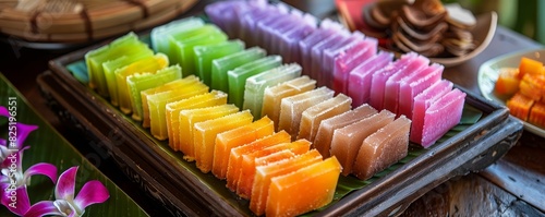 Traditional khanom chan (layered dessert) with pastel colors arranged elegantly on a vintage wooden tray