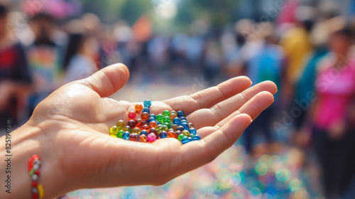 someone holding a handful of colorful beads in their hand